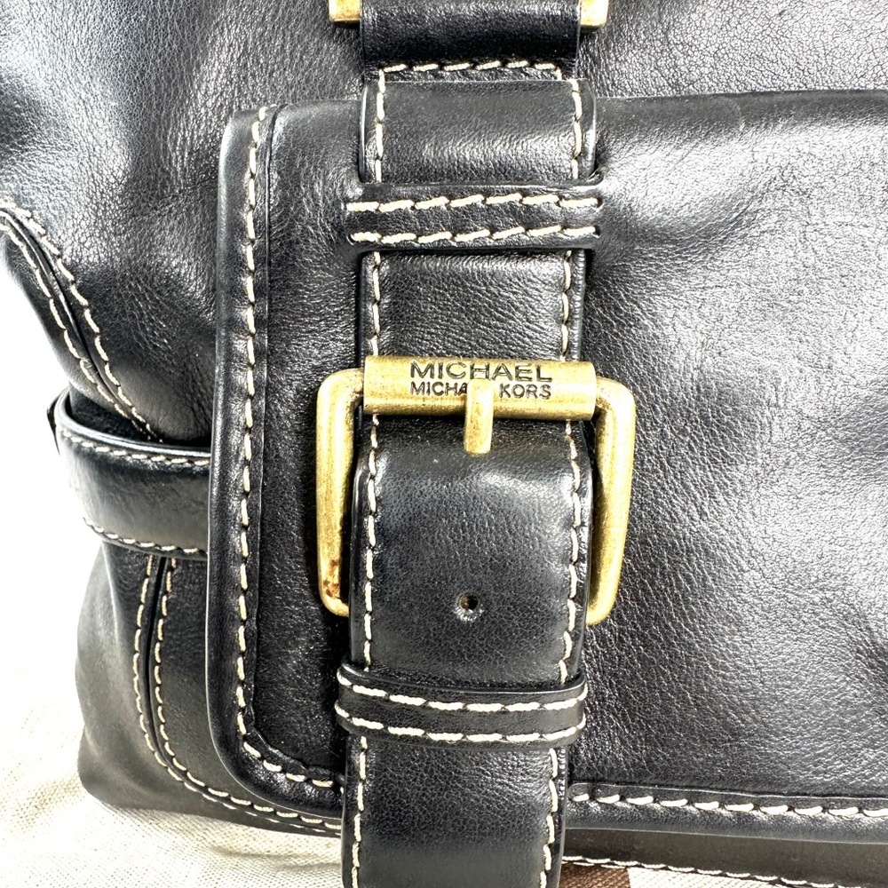 Michael Kors Black Leather Medium Shoulder Bag Side Belted Brass Logo Buckles - Picture 8 of 13